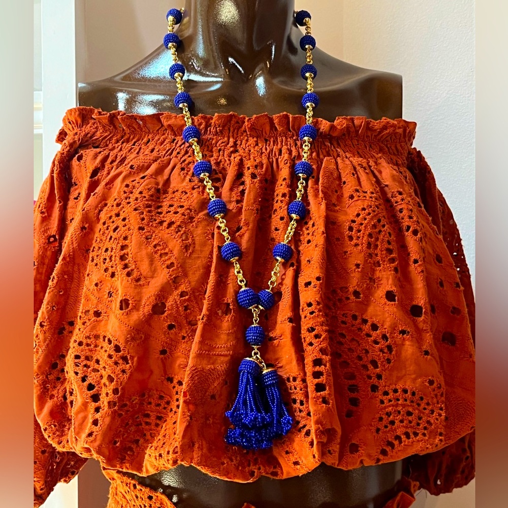 J. Crew Tassel Lapis Blue Beaded + Gold Long Necklace, Excellent Condition ✨